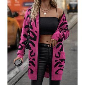 Leopard Print Open Front Knit Cardigan Pink